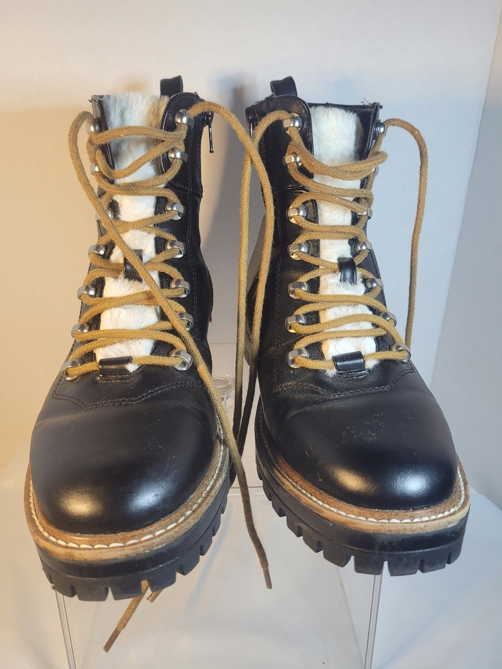 A New Day Womens Faux Leather Fur Ankle Hiking Boots Block Heel Size 8 Black